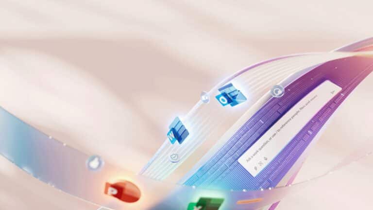 Word-, Outlook- und PowerPoint-Symbole auf geschwungenen Bändern mit Copilot-Eingabefeld
