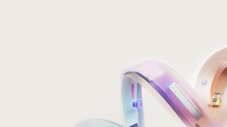 Geschwungenes Band mit Microsoft-Teams-Symbol und Copilot-Eingabefeld auf hellem Grund